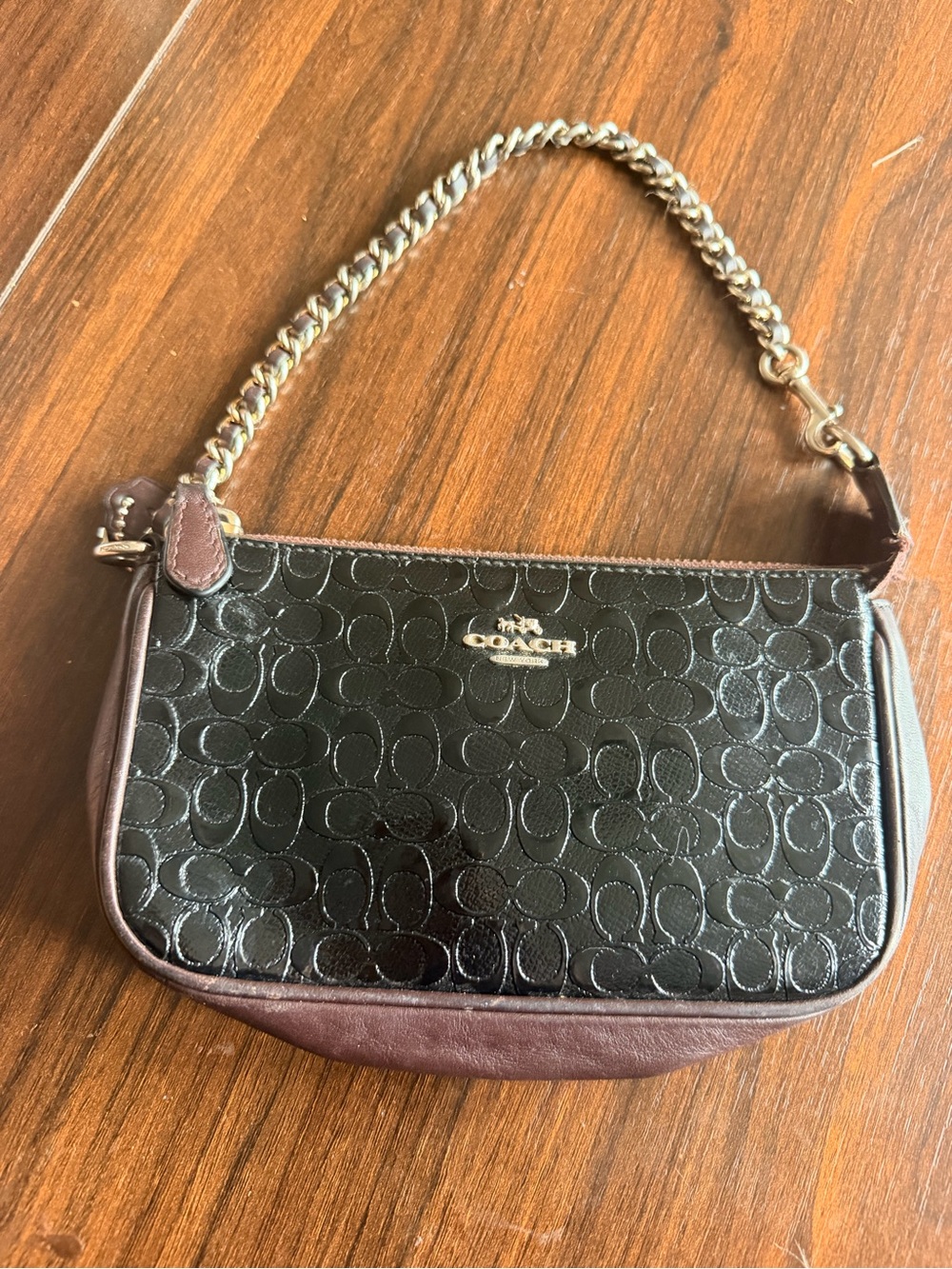 Coach Black Patent Signature Wristlet with Plum Trim